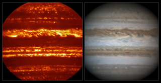 Side-by-side views of infrared and normal views of Jupiter (Image: ESO/L.N. Fletcher/Damian Peach)
